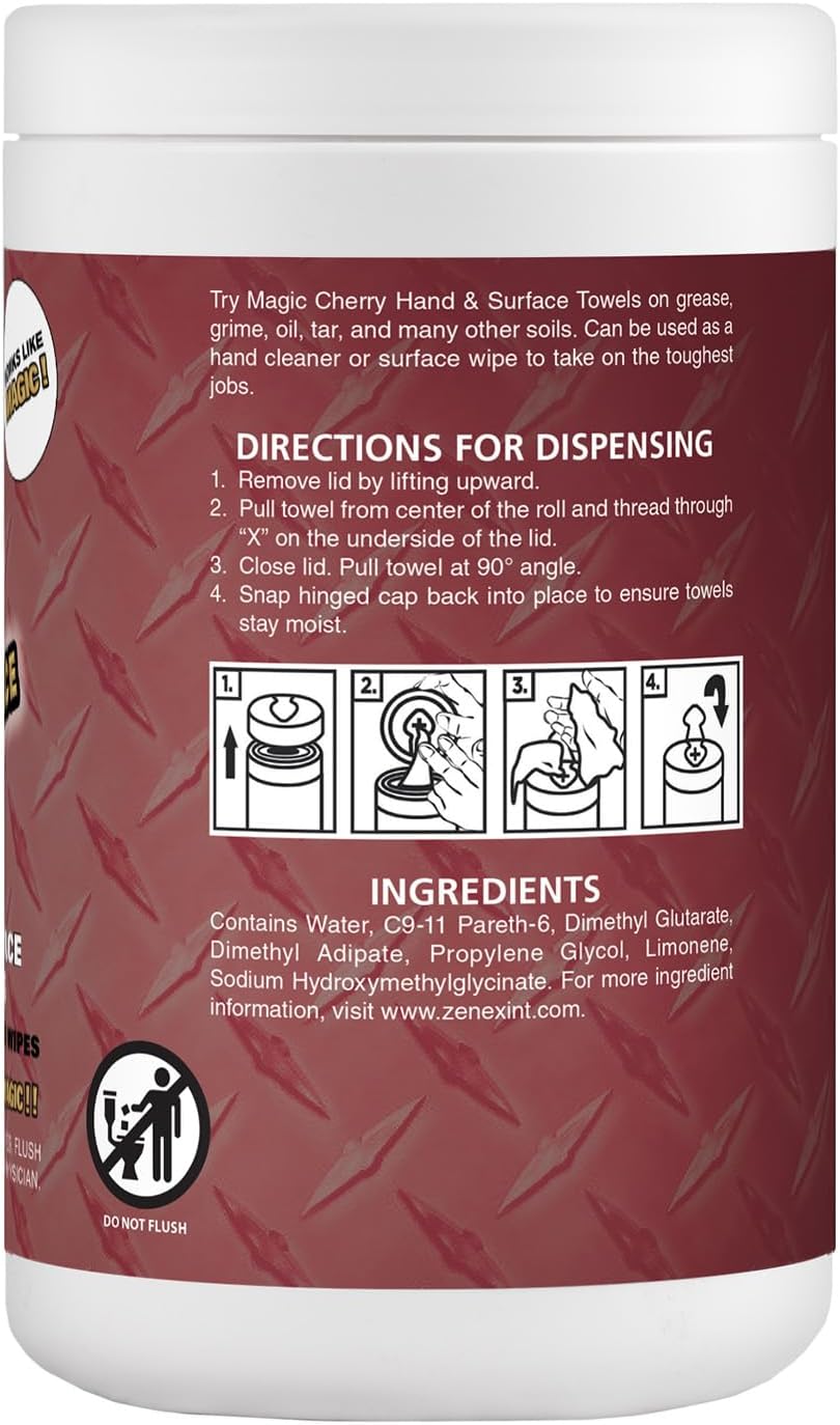 Magic Cherry Scented Heavy Duty Cleaning Wipes - Dual Sided Hand & Surface Shop Towels | Professional-grade Cleaning | Waterless | Cleans Grease, Oil, Dirt, & more (6 Pack | 420 Sheets Total)