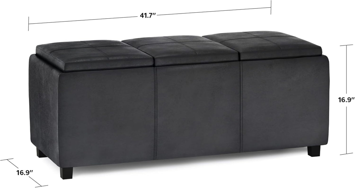 SIMPLIHOME Avalon 42 inch Wide Contemporary Rectangle Storage Ottoman in Distressed Black Vegan Faux Leather, Assembled, For the Living Room, Entryway and Family Room