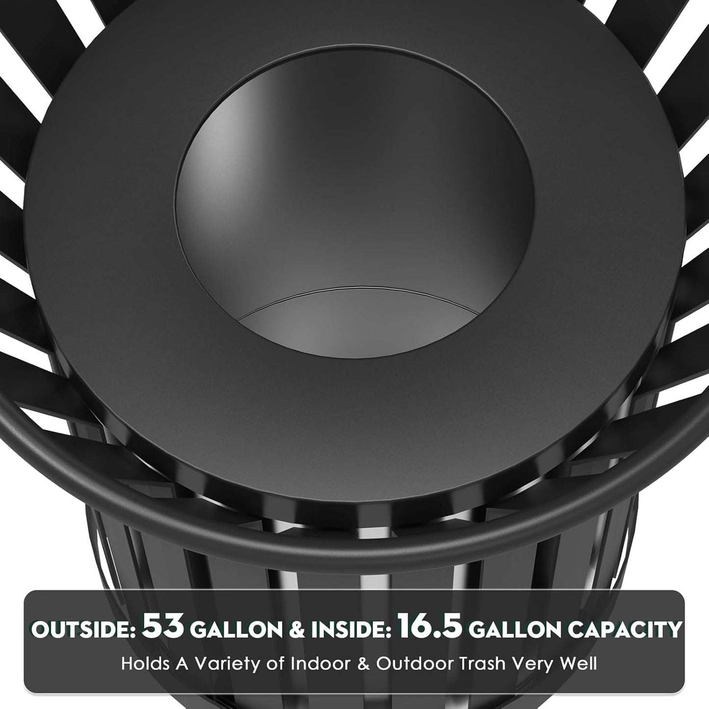 Round Heavy Duty Outdoor Trash Can, Large Metal Slatted Garbage Can for All Weather Resistant, Commercial Garbage Cans, Waste Receptacle in Park, Beach, Patio (Black, Large)