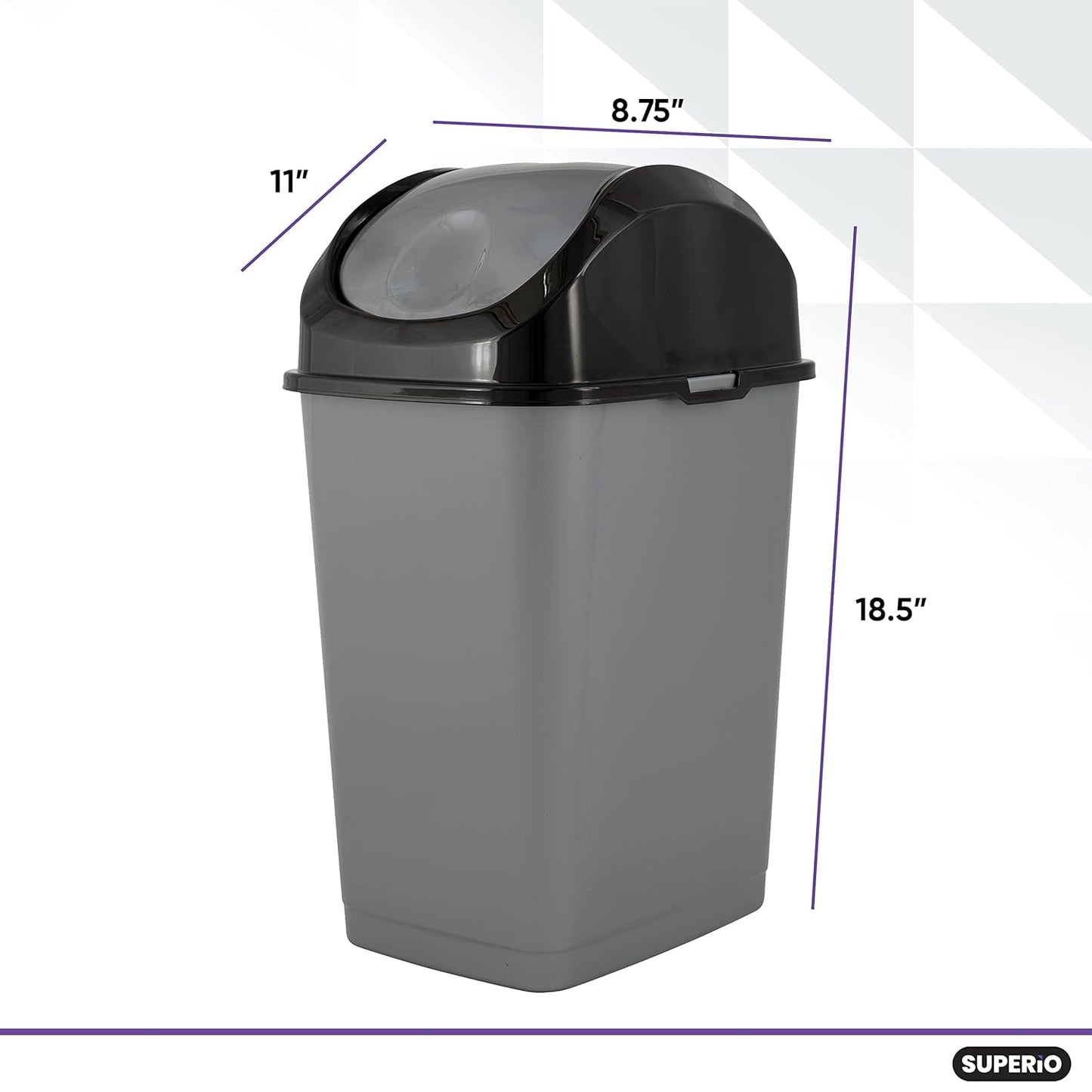 Superio Small Trash Can for Dorm with Lid 4.5 Gallon Plastic Swing Top Slim Garbage Can for Under Sink/Cabinet, Laundry, Kitchen, Office, Bedroom, Bathroom, College, 18 Qt Gray/Black, 2