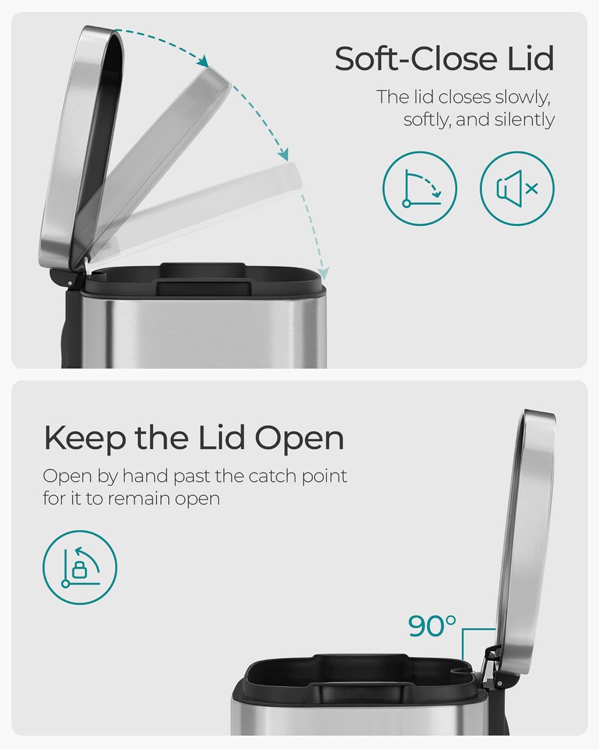 SONGMICS Trash Can with Lid, 8 Gallon Garbage Can, Stainless Steel Small Waste Bin with Step Pedal and Inner Bucket, Soft Close, Kitchen, Silver ULTB03NL