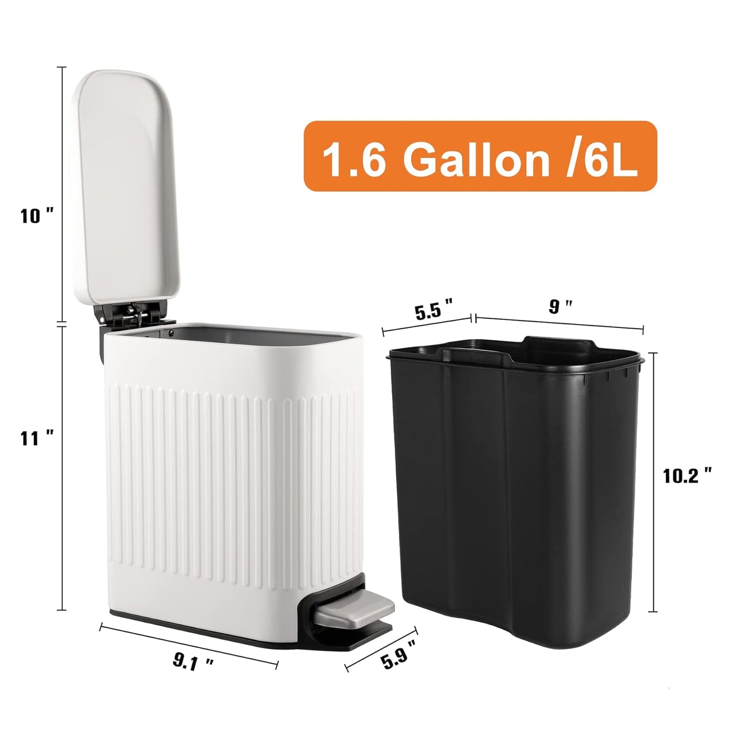 TrashAid Slim Bathroom Trash Can with Lid Soft Close, 6 Liter/1.6 Gallon Stainless Steel Small Garbage Can with Removable Inner Bucket, Step Pedal, Slim Wastebasket for Toilet, Office, Bedroom, White