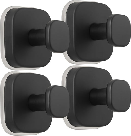 Suction Cup Hooks for Shower - Reusable No-Drill Mounting - Hooks for Towels, Robes & Loofah on Metal, Glass, Mirrors, Tile & Smooth Non-Porous Surfaces (4, Matte Black)