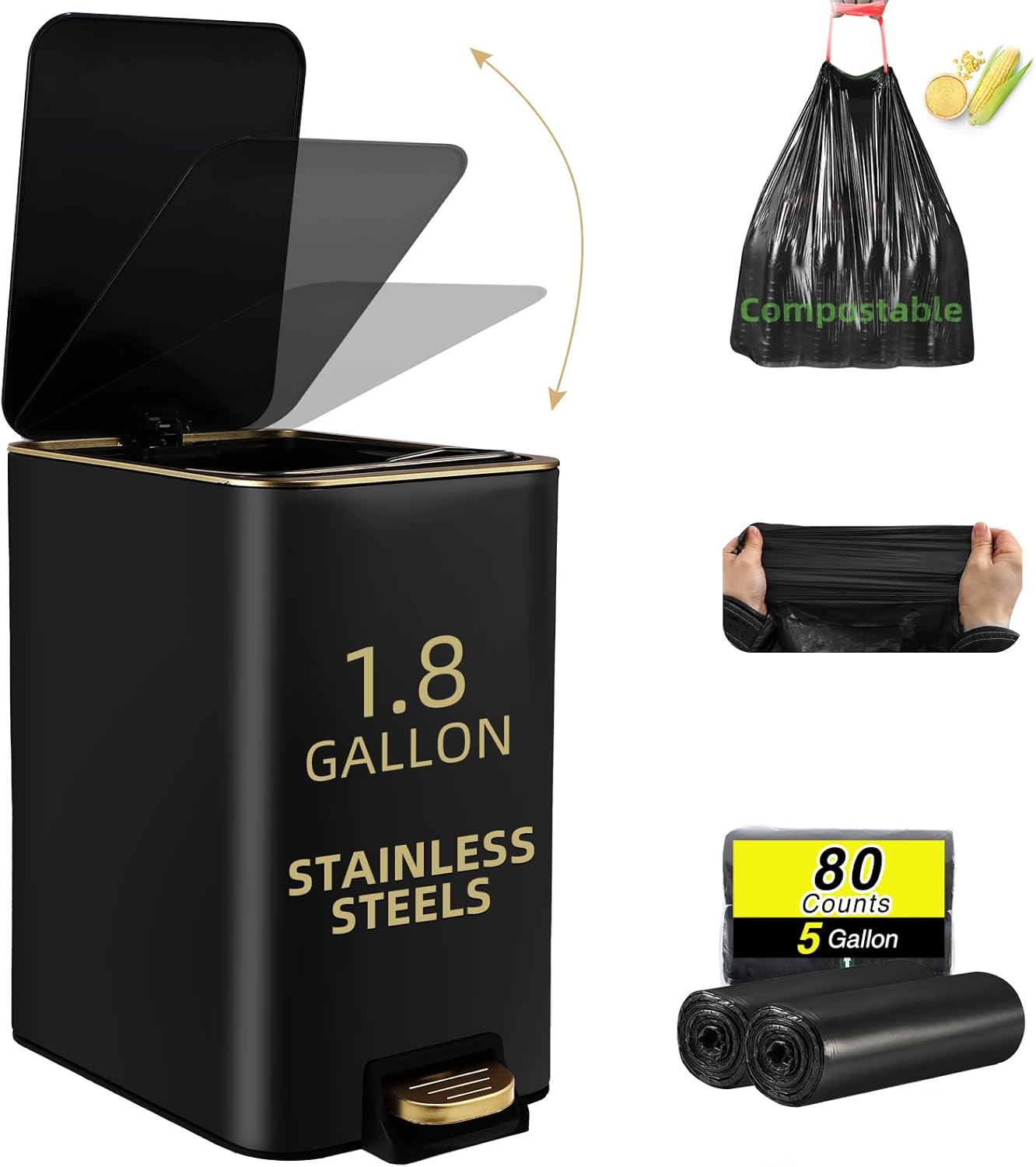 Small Bathroom Trash Can with Lid Soft Close, 1.8 Gallon Stainless Steel Garbage Can with Removable Inner Bucket,80Count Compostable Trash Bags, Slim Step Pedal Trash Bins