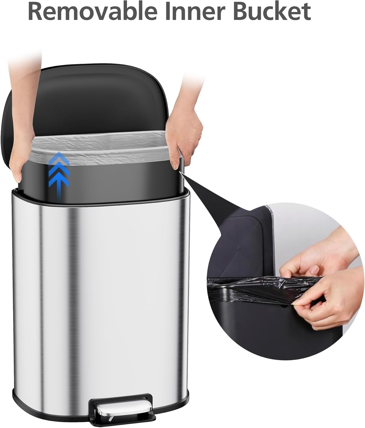 13.2 Gal/50L D-Shape Trash Can, Step-On Stainless Steel Garbage Can, Soft-Close Lid, Anti-Fingerprint Surface, Recycling Bin with Removable Inner Basket for Kitchen Dining Room