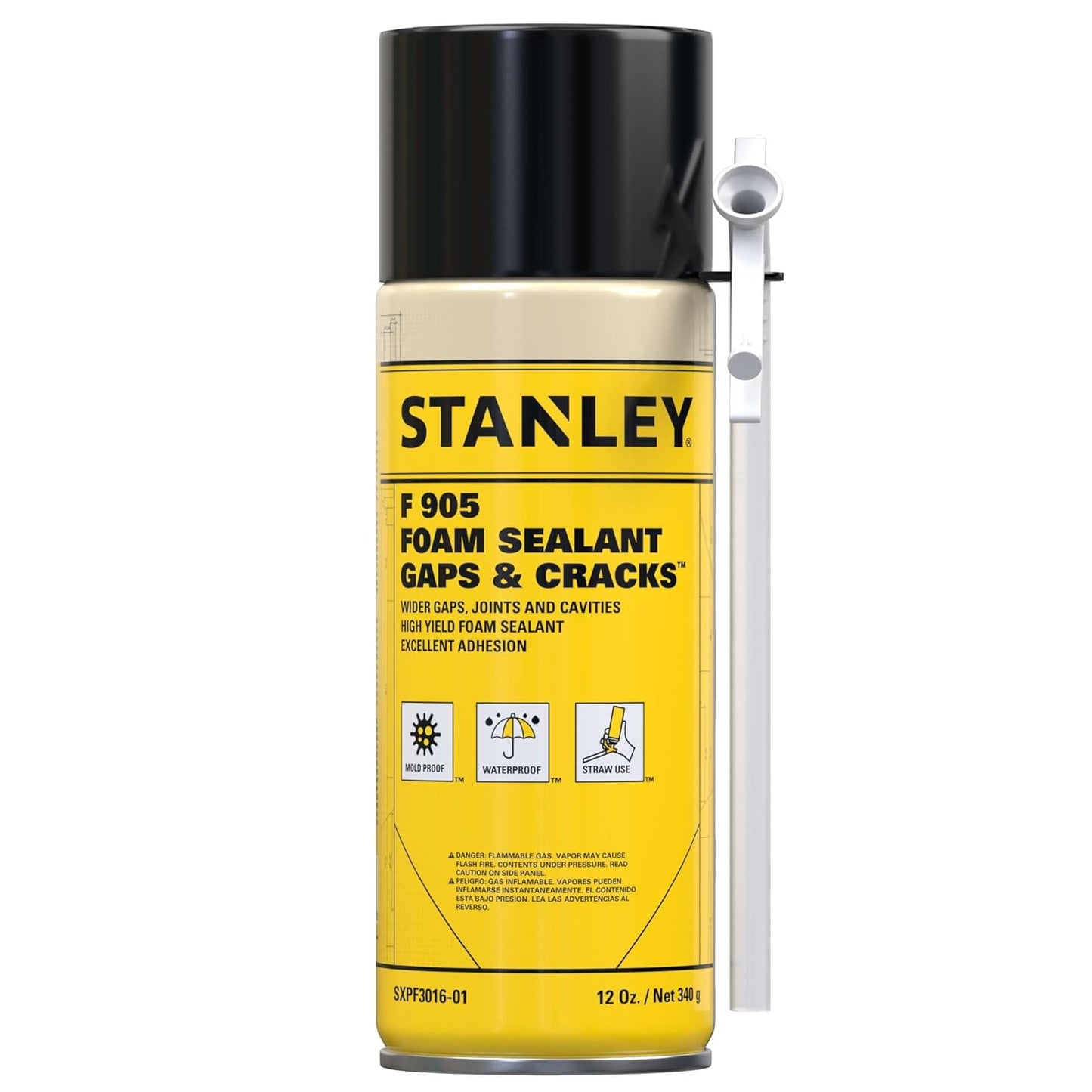Stanley F905 Gaps & Cracks Sealant (1x12 Oz.) – Polyurethane Spray Foam Insulation for Window & Door, Waterproof Gap Filler, Low Expansion Foam for Indoor & Outdoor Use | Straw Use | 12 Oz. 1 Pack
