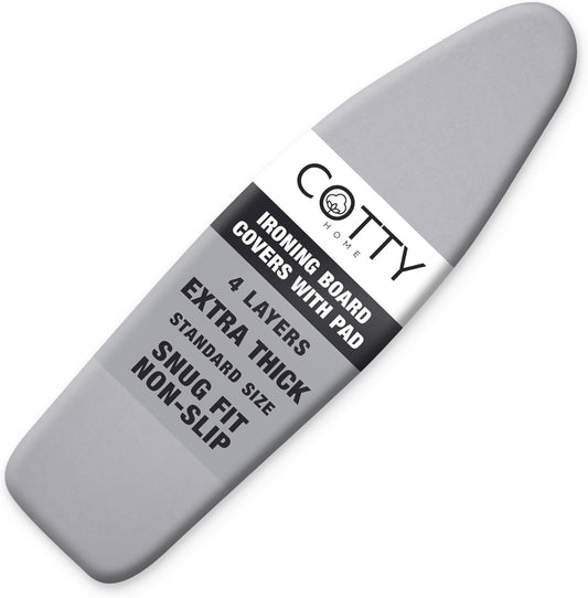 Extra Thick Ironing Board Covers with Pad Standard Size 15x54, Heat Reflective Full Scorch Resistant Padding, Snug Fit Non-Slip Nose Pocket Fastener Straps Elastic Edges, Gray