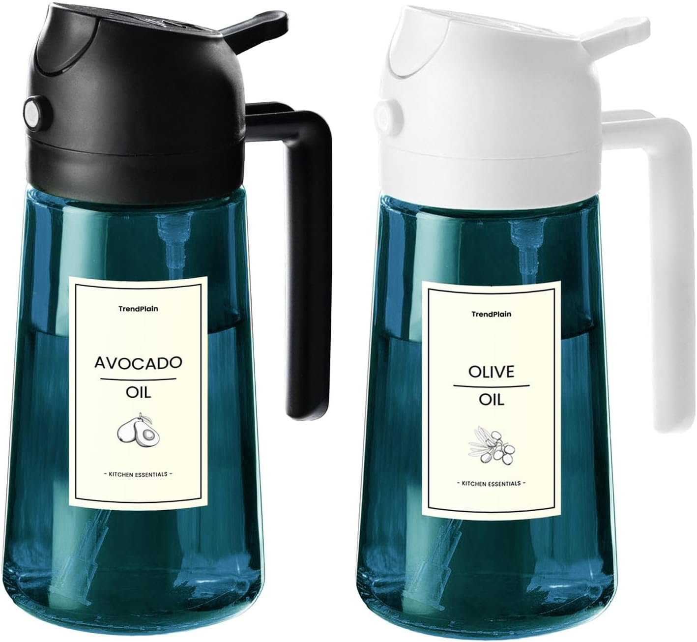 TrendPlain 16oz/470ml Blue Glass Olive Oil Sprayer for Cooking - 2 in 1 Olive Oil Dispenser for Kitchen Gadgets, Air Fryer, Salad, and BBQ - Black & White