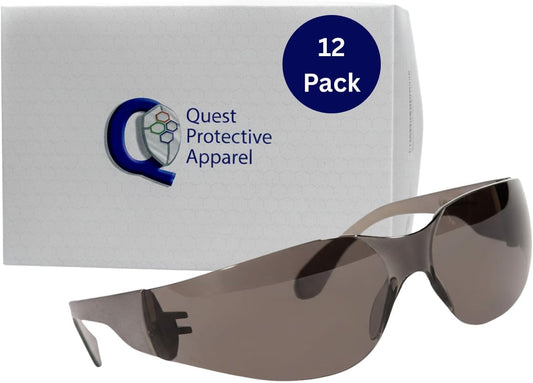 Quest Protective Apparel Safety Glasses for Men and Women - Anti Fog Safety Goggles for Shooting, Lab, or Construction – Polycarbonate Eye Protection [Smoke & Pack of 12]