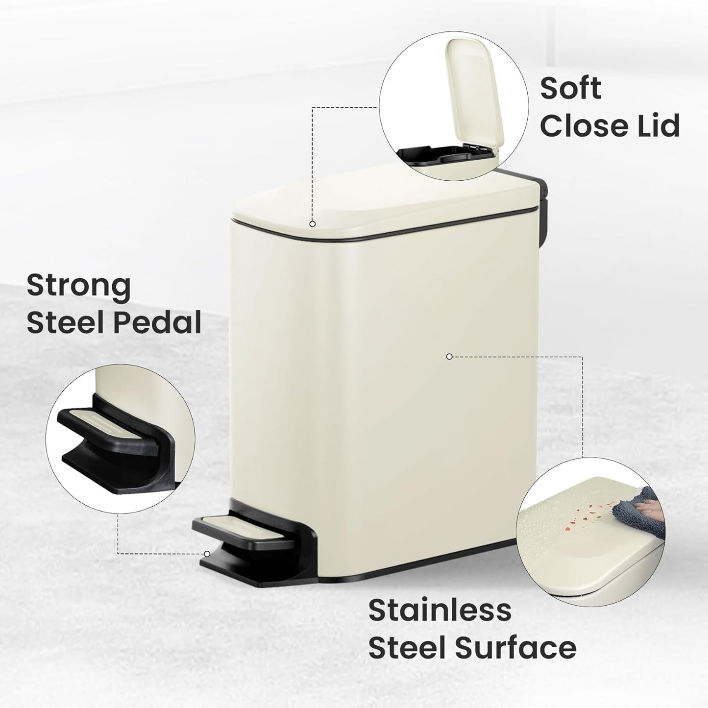 Cesun Small Bathroom Trash Can with Lid Soft Close, Step Pedal, 6 Liter / 1.6 Gallon Stainless Steel Garbage Can with Removable Inner Bucket, Anti-Fingerprint Finish (Creamy White)