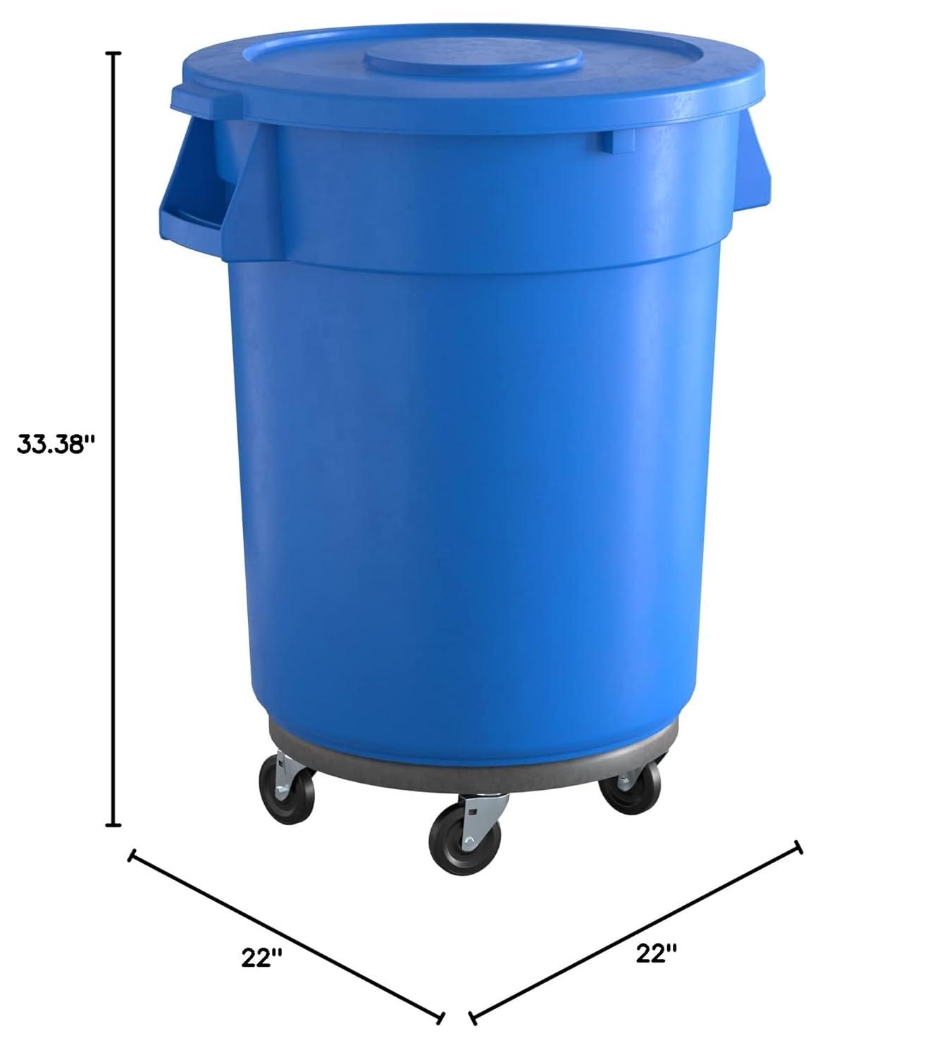 32 Gallon Blue Round Commercial Trash Can with Lid and Dolly