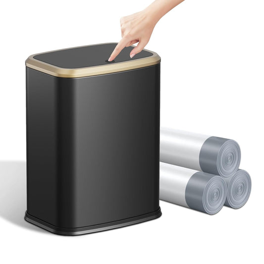 2.1 Gallon Bathroom Trash Can with Lid Press Top, 8 Liter Stainless Steel Garbage Can with Press Type Lid, Slim Trash Bin Waste Basket for Toilet, Office, Bedroom, Living Room (Black)