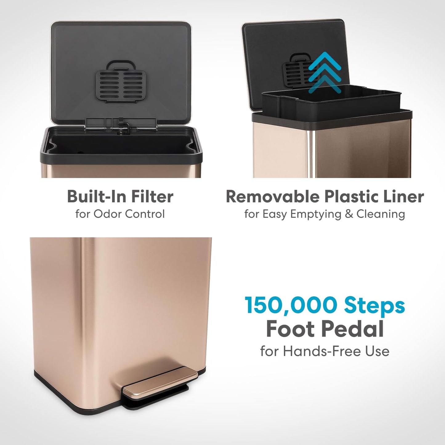 SIMPLI-MAGIC 13.2 Gallon (50L) Step Trash Can – Kitchen Garbage Can with Slow-Close Lid – Odor Control, Hands-Free, Easy to Clean, Brushed Stainless Steel (Rose Gold)