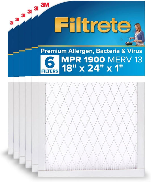 Filtrete 18x24x1 AC Furnace Air Filter, MERV 13, MPR 1900, Premium Allergen, Bacteria & Virus Filter, 3-Month Pleated 1-Inch Electrostatic Air Cleaning Filter, 6-Pack (Actual Size 17.81x23.81x0.78 in)
