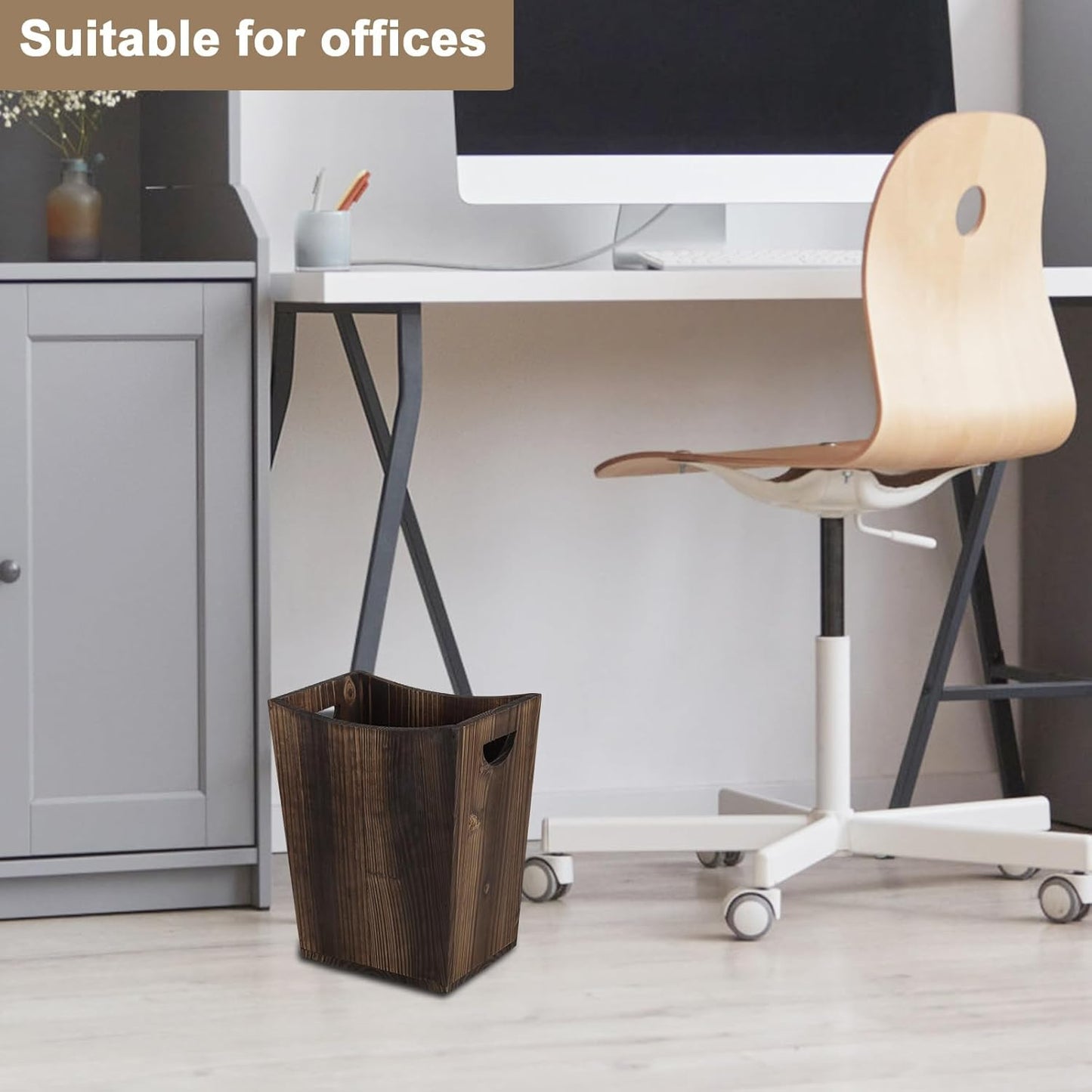 SEHERTIWY Wood Trash Can, Farmhouse Wastebasket Bin for Bathroom, Office, Bedroom, Living Room, Small Square Rustic Garbage Container (Wood-Brown)