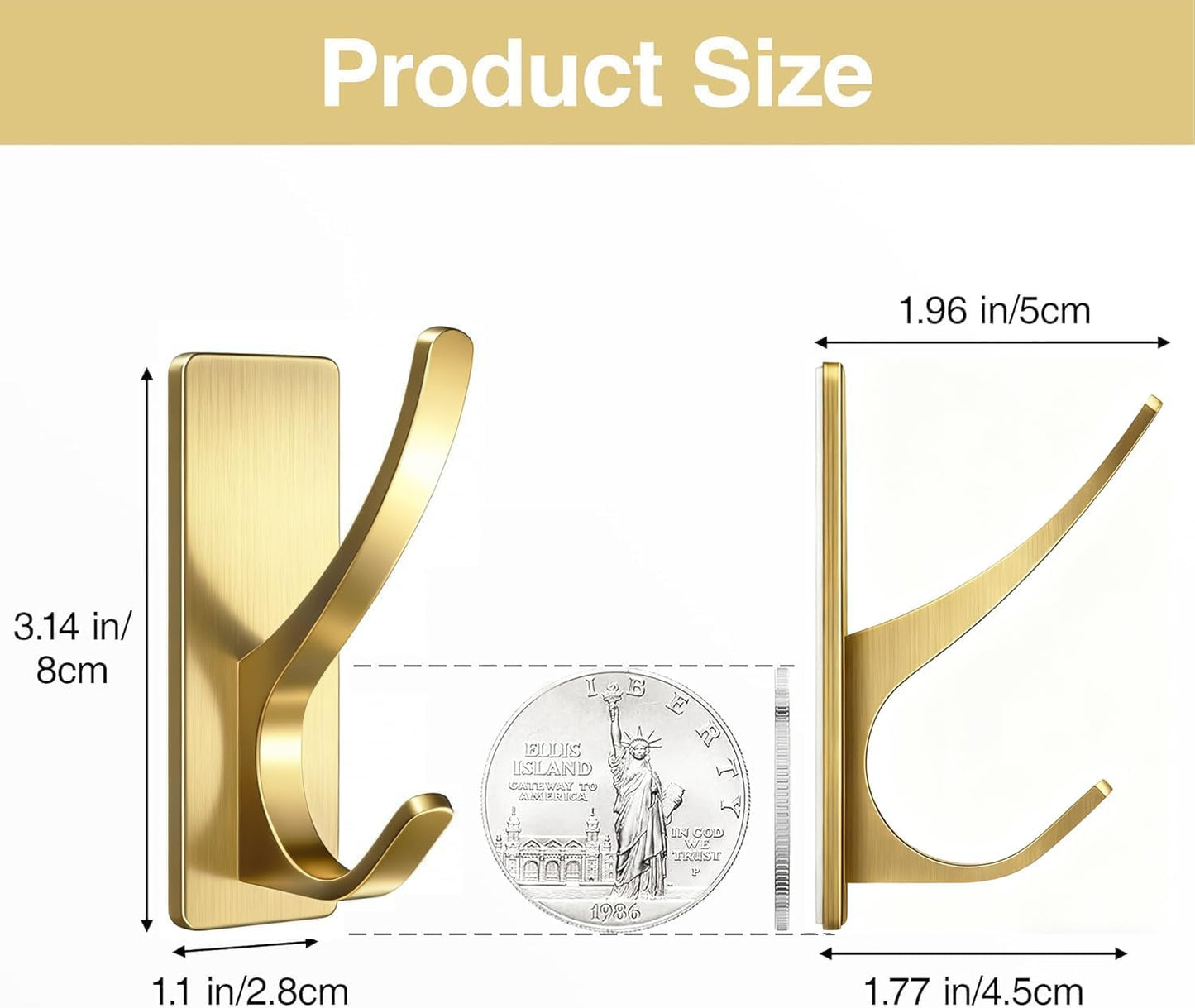 pickpiff Self Adhesive Coat Hooks for Hanging, Heavy Duty Stainless Double Wall Hook for Towel, Backpack, Hat, Sturdy Metal Hanger for Bathroom, Bedroom, Door, Wall Mounted, 4-Pack, Brushed Gold