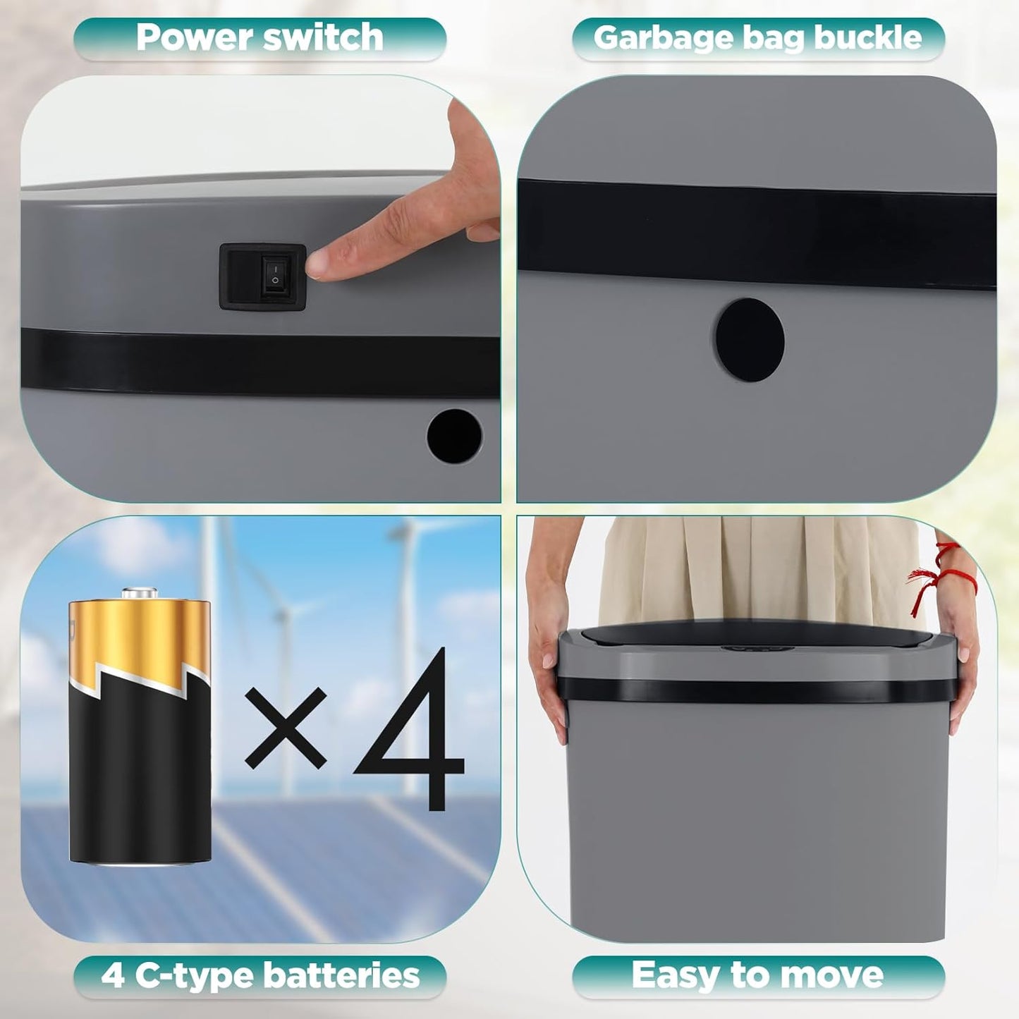 Automatic Motion Sensor Bathroom Trash Can with Lid, 13 Gallon Touchless Trash Bin, Smart Dog Proof Garbage Can, Touch Free Waste Basket for Toilet, Office, Bedroom,Gray