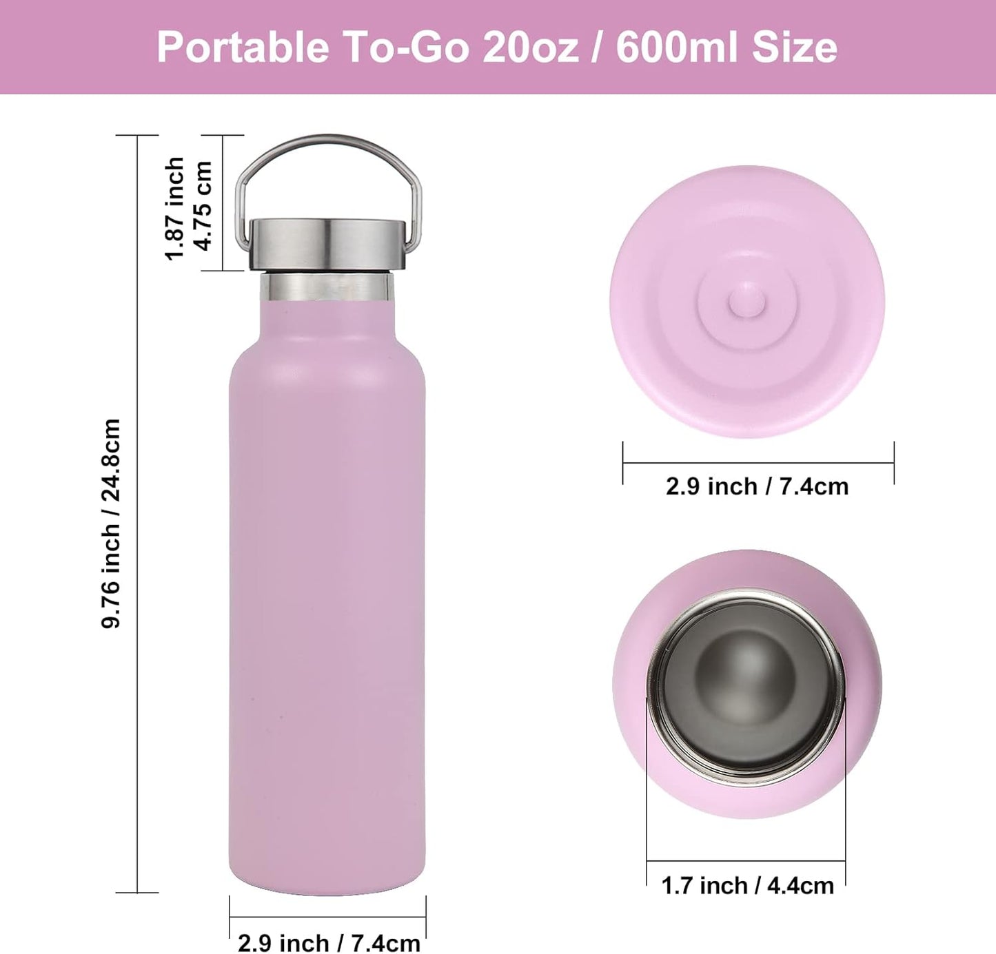 Neihepal 20 oz Insulated Water Bottles Bulk 2 Pack,Stainless Steel Double Wall Sport Bottle with Lid of Handle,Metal Reusable Thermoses Flask with Cup Cap for School,Cyclists,Gift (Pink,Set of 2)