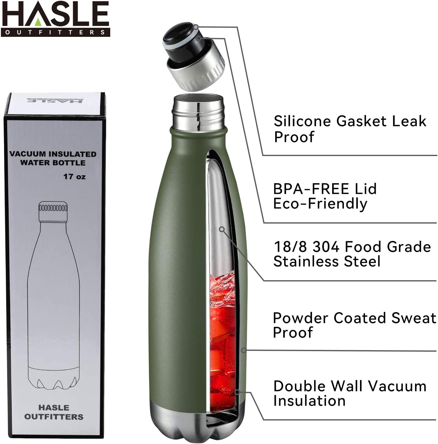 HASLE OUTFITTERS 17oz Stainless Steel Water Bottles Bulk, Vacuum Insulated Water Bottles Double Walled Powder Coated Reusable Metal Sports Water Bottles Keep Drinks Hot and Cold, ArmyGreen, 4Packs