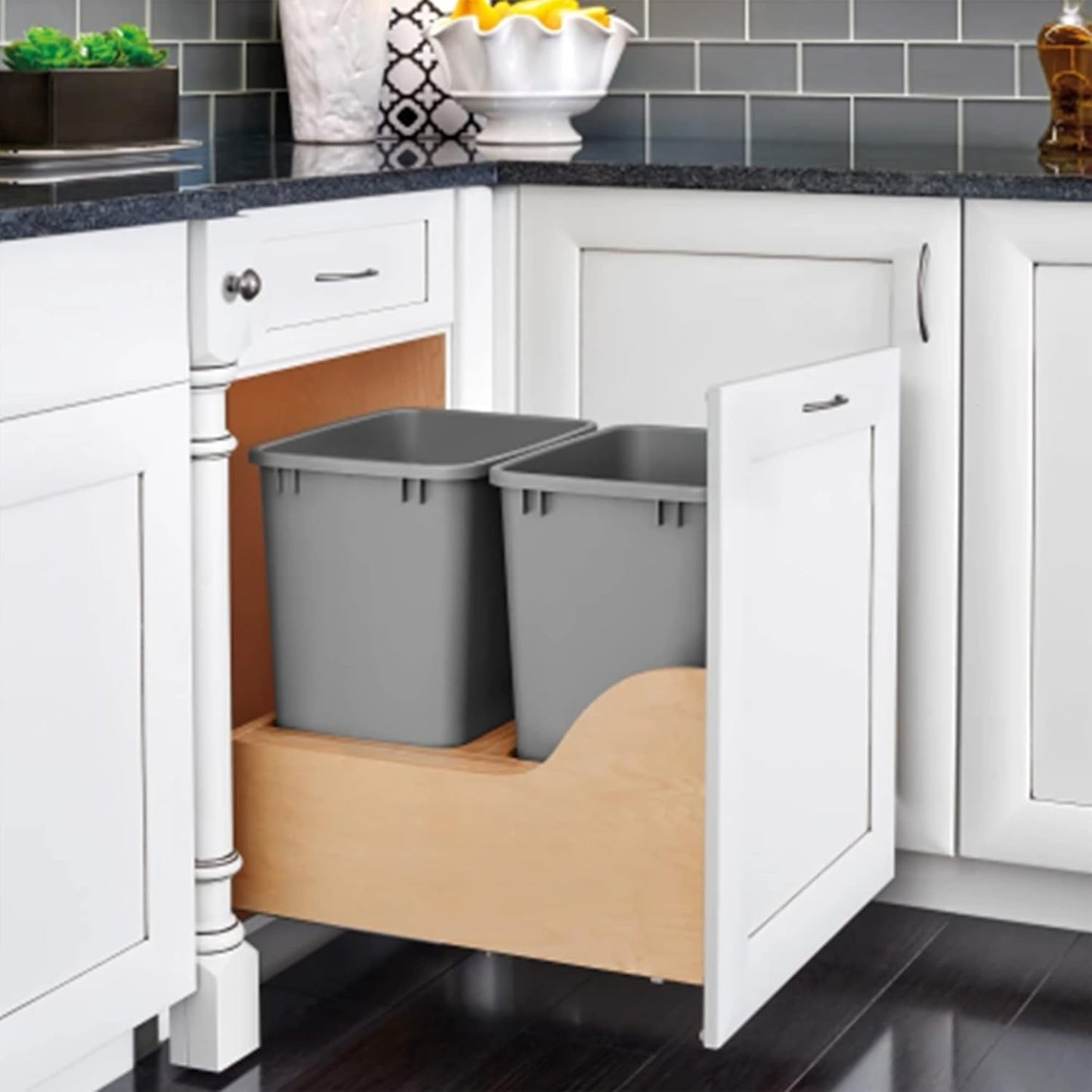 Rev-A-Shelf Pullout Trash Cans for Kitchen Cabinet, Dual 35 Qt Bins with 18" Wood Frame - Large Garbage Bin Containers for Home Waste Storage and Recycling