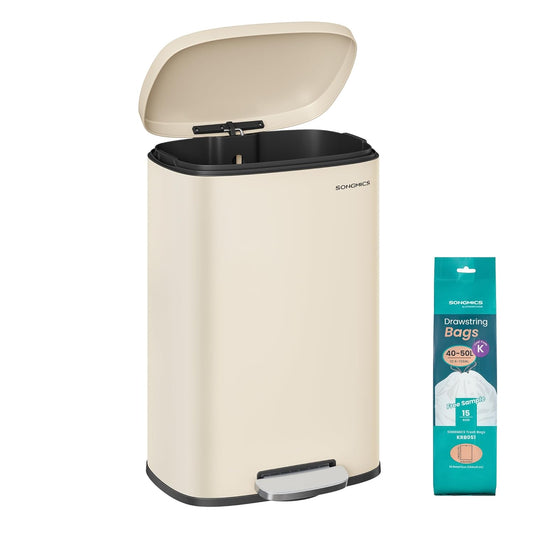 SONGMICS 13 Gallon (50 L) Trash Can, Stainless Steel Kitchen Garbage Can, Recycling or Waste Bin, Soft Close, Step-On Pedal, Removable Inner Bucket, Sand Beige ULTB050A01