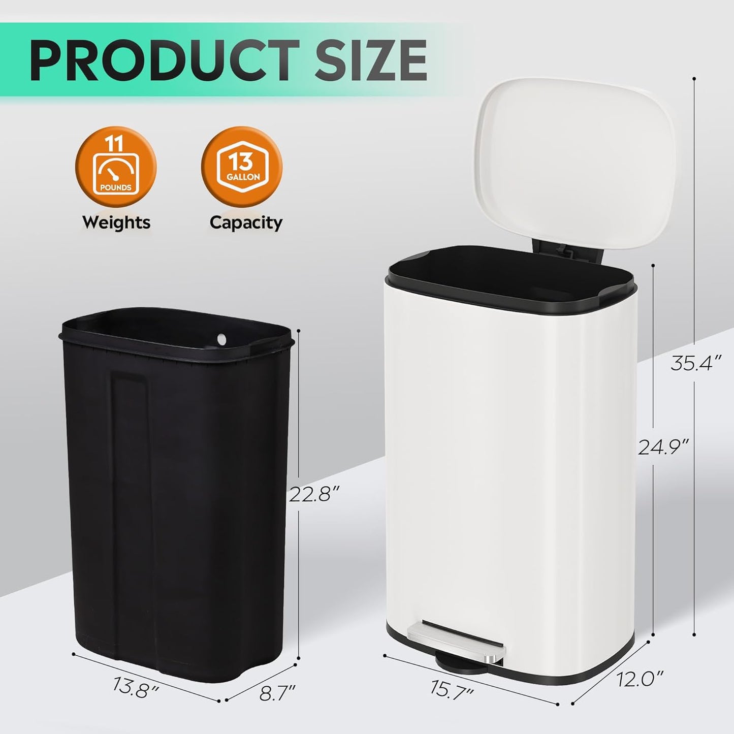 WLIVE 13 Gallon Stainless Steel Trash Can with Inner Bucket, Kitchen Garbage Can with Lid, 50L Soft Close Step Trash Can with Metal Foot for Home, Kitchen, Laundry Room, Office, White