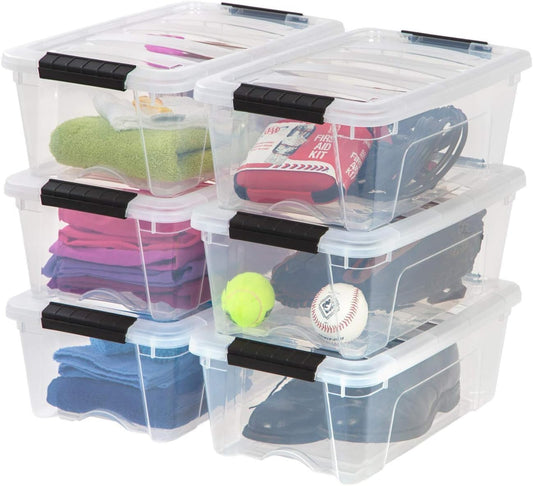 IRIS USA 13 Qt Stackable Plastic Storage Bins with Lids, 6 Pack - BPA-Free, Made in USA - See-Through Organizing Solution, Latches, Durable Nestable Containers, Secure Pull Handle - Clear