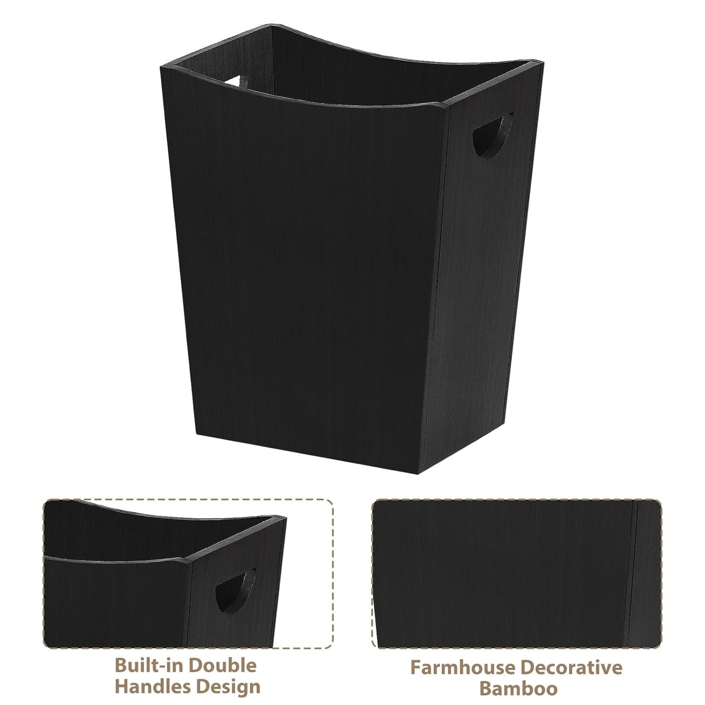 SEHERTIWY Wood Trash Can, Farmhouse Wastebasket Bin for Bathroom, Office, Bedroom, Living Room, Small Square Rustic Garbage Container (Wood-Black)