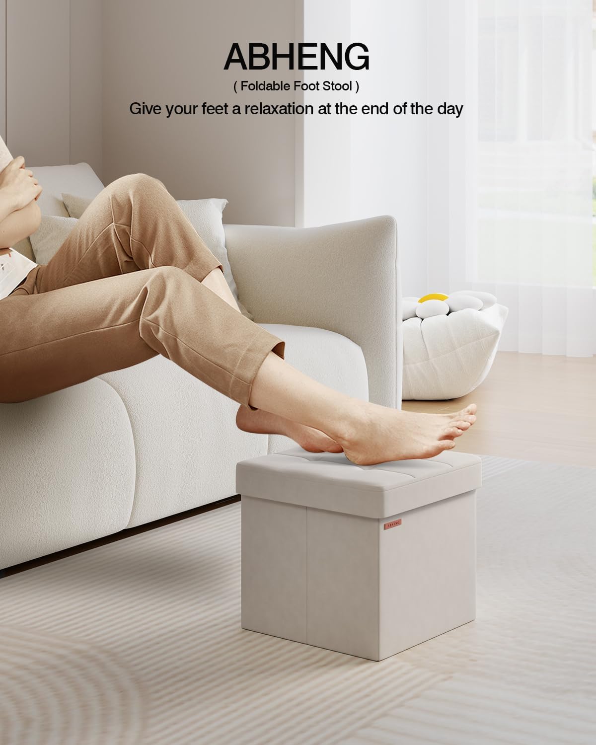 Folding Storage Ottoman, Velvet Storage Bench, Footrest, Footstool,for Living Room, Bedroom and Office,15 x 15 x 15 Inches, 300 kg Load Capacity,Cream White, UASND04W