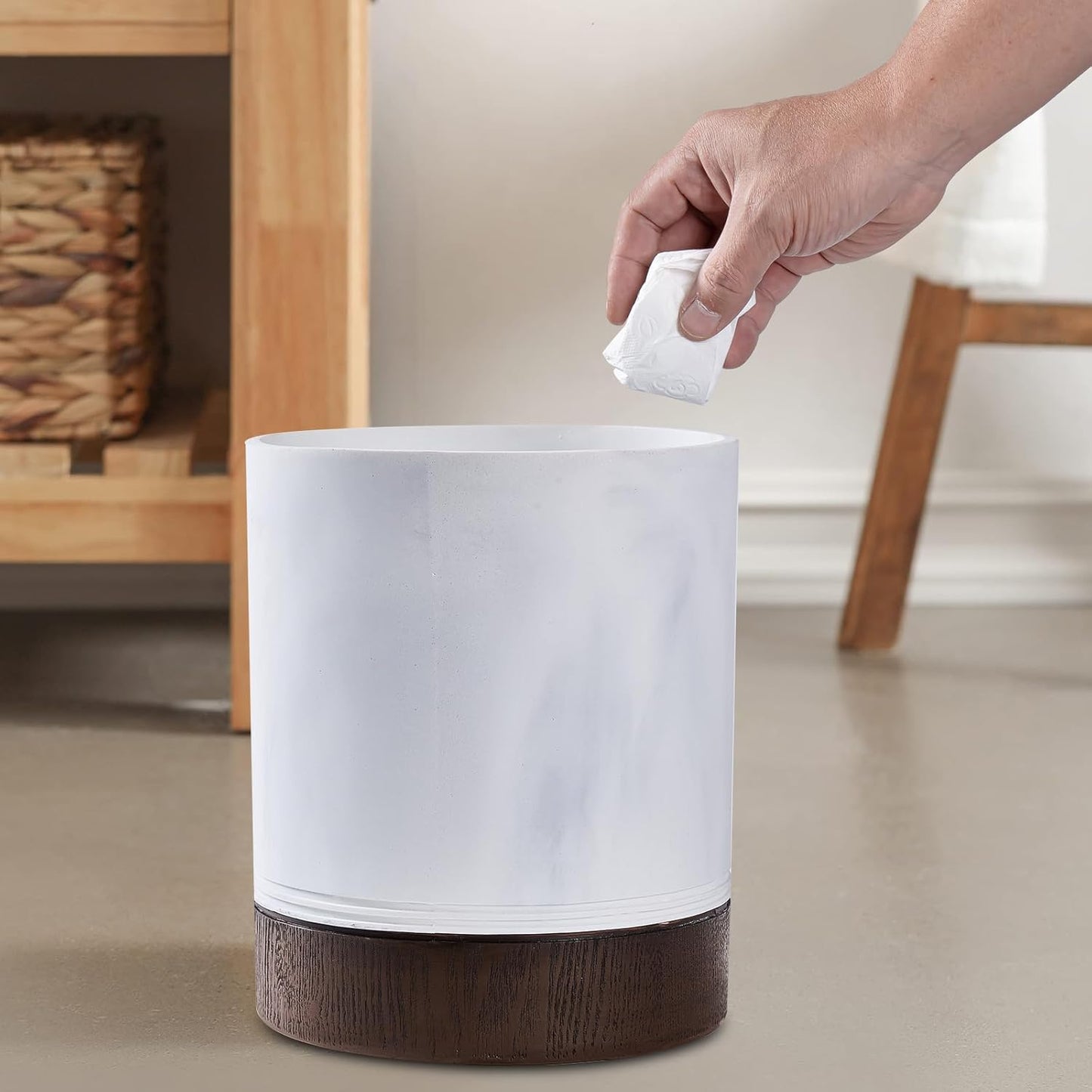 Polytree White Marble and Brown Wood Round Wastebasket, Resin Small Round Bathroom Trash Can 2.5 Gal(9 Liter) Small Kitchen Garbage Can,Living Room Bedroom Trash Can, Decor Wastebasket for Home Office
