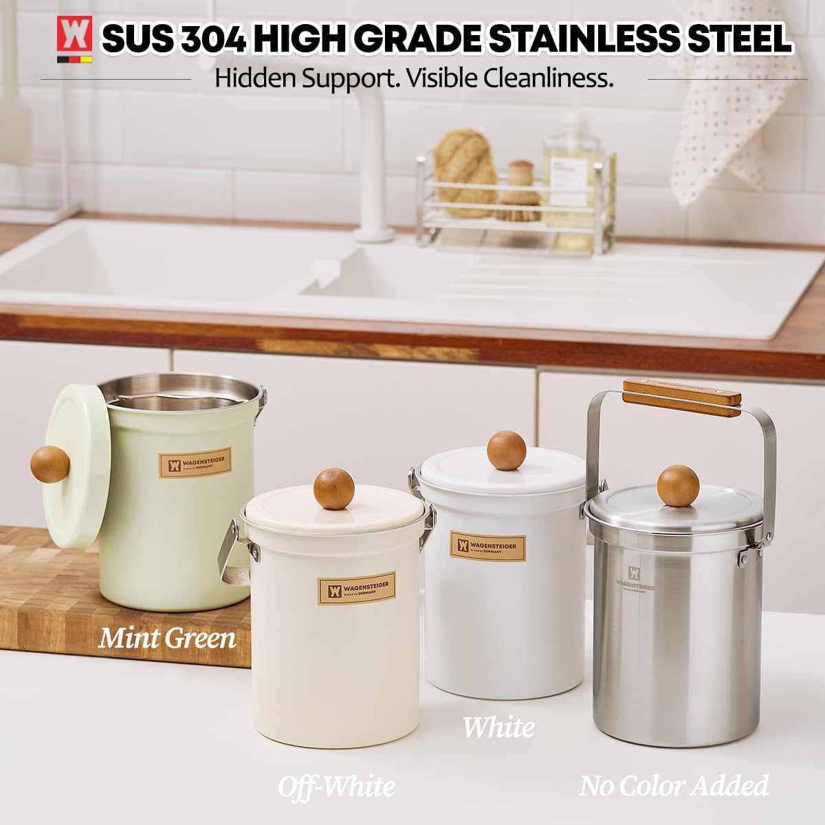 Kitchen Countertop Compost Bin 101ounces / 3Liters, Airtight Lid SUS304 Stainless Steel Odor-Free Food Waste Bin with Wooden Handle Stylish Design/Bathroom Trash Can (White)