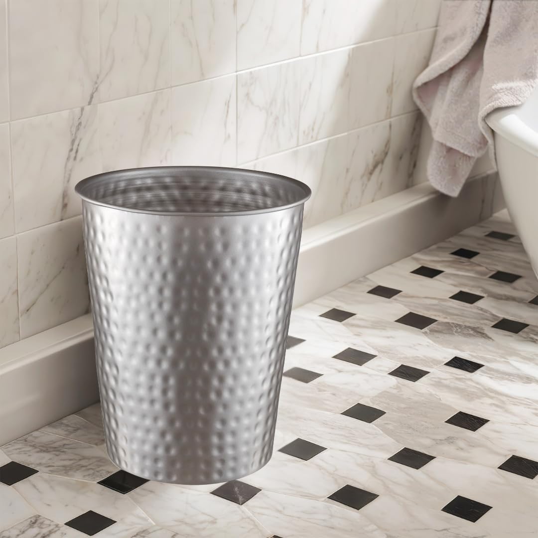 Monarch Abode Pewter Hand Hammered Metal Wastebasket for Home Office Bedroom, Decorative Waste Basket, Modern Bathroom Garbage Can, Durable & Decorative Trash Bin, Pewter Bathroom Trash Can