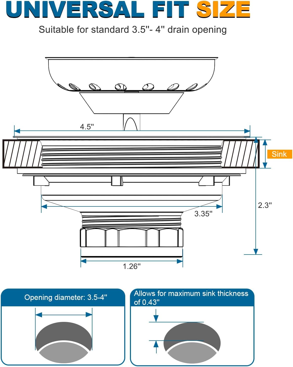 BOTEMY Stainless Steel Black Sink Drain Strainer Kit 3-1/2 inch Kitchen Drain Assembly with Metal Center Knob Basket Stopper Replacement for Standard Kitchen Sinks, Matte Black
