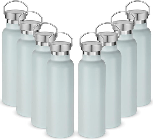 Neihepal 20 oz Insulated Water Bottles Bulk 8 Pack,Stainless Steel Double Wall Sport Bottle with Lid of Handle,Metal Reusable Flask with Cup Cap for School,Hikers,Gift (Fog,Set of 8)