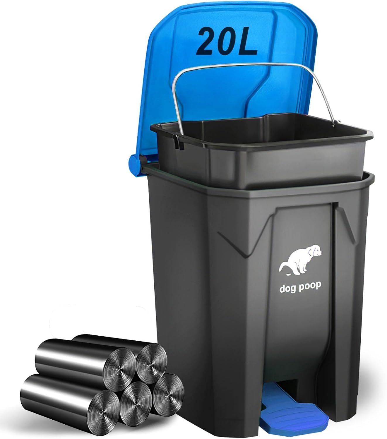Dog Poop Trash Can Outside, 20L/5Gallon Dog Waste Trash Can with Lid, Pedal and Removable Inner Waste Bin, Pet Poop Bucket with 100 Bags, Blue