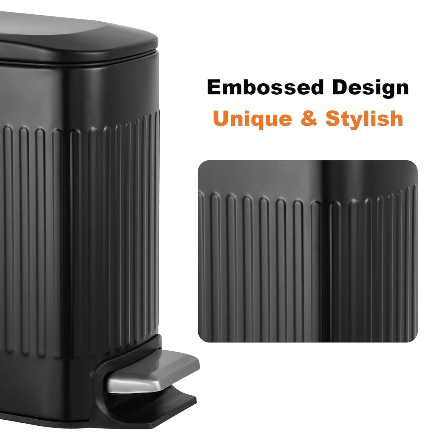 TrashAid Small Black Bathroom Trash Can with Lid Soft Close, 6 Liter / 1.6 Gallon, Stainless Steel Garbage Can with Removable Inner Bucket, Step Pedal, Slim Wastebasket for Toilet, Office, Bedroom