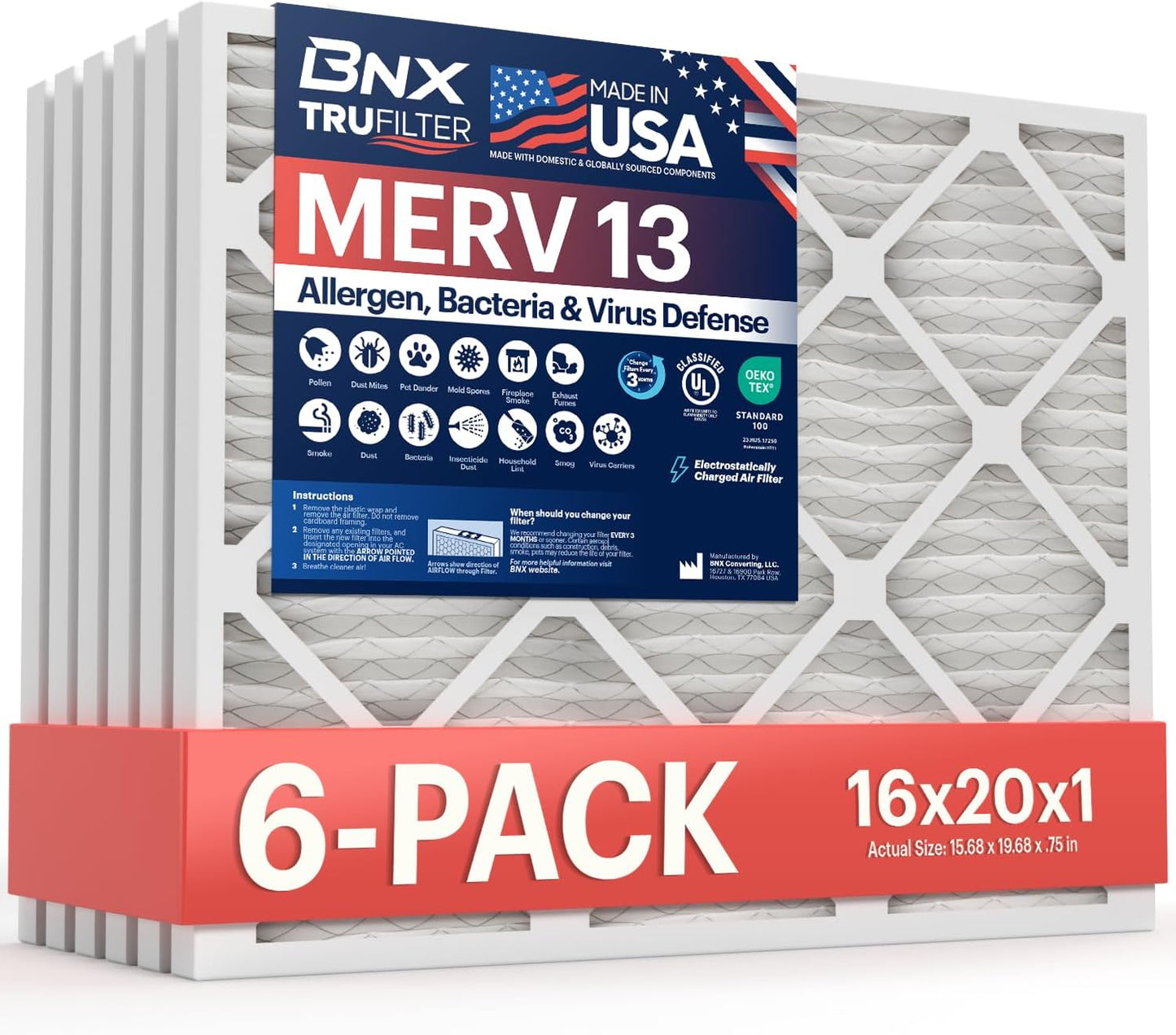 BNX TruFilter 16x20x1 Air Filter MERV 13 (6-Pack) - MADE IN USA - Electrostatic Pleated Air Conditioner HVAC AC Furnace Filters for Allergies, Pollen, Mold, Bacteria, Smoke, Allergen, MPR 1900 FPR 10