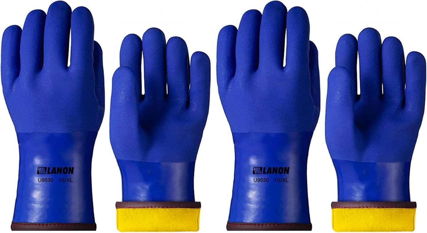 LANON PVC Coated Cold Proof Heavy Duty Gloves, Waterproof Warm Work Gloves for Freezer Work, Chemical & Oil Resistant, Non-Slip, Large (Pack of 2)