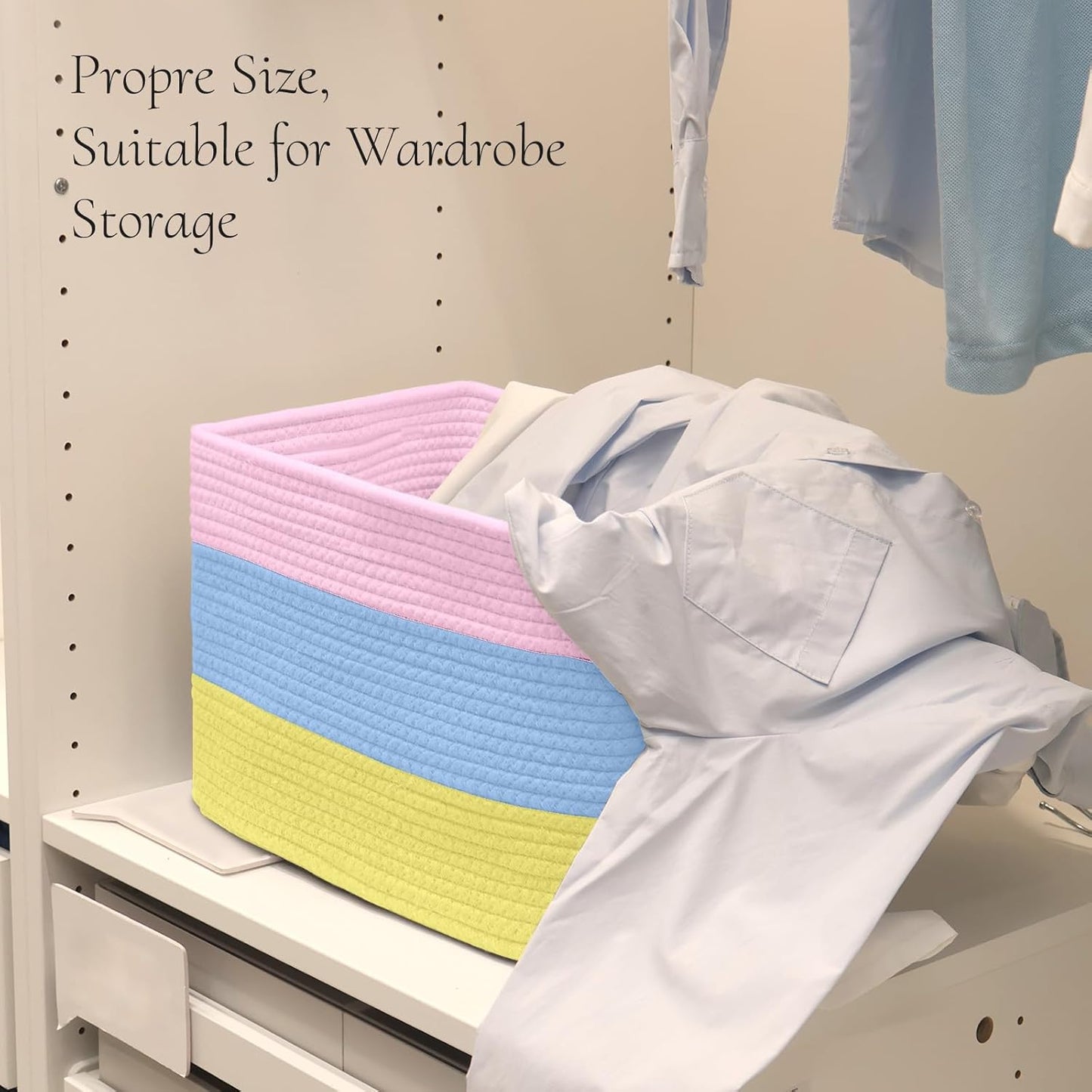 Hopegiver Woven Storage Baskets 15x11x10 Inch, 3 Pack Collapsible Cube Storage Bin for Shelves - Foldable Cotton Rope Organizer Bins for Towels, Toys, Books, Closet, Nursery (Pink Blue Yellow)