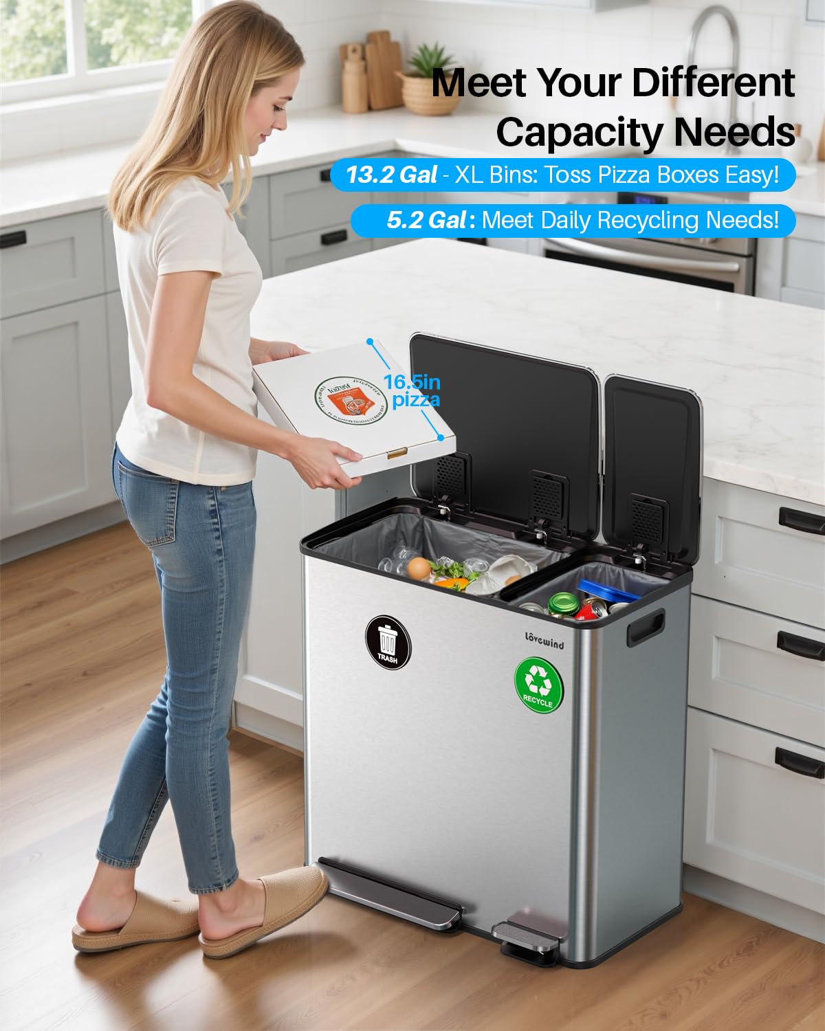 Dual Trash and Recycling Bins for Kitchen, 13.2 + 5.2 Gal (50+20L) Stainless Steel Trash and Recycle Bin Combo with Soft-Close Lid, Large Garbage Cans for Kitchen Home with 2 Magnets Sticker, Silver