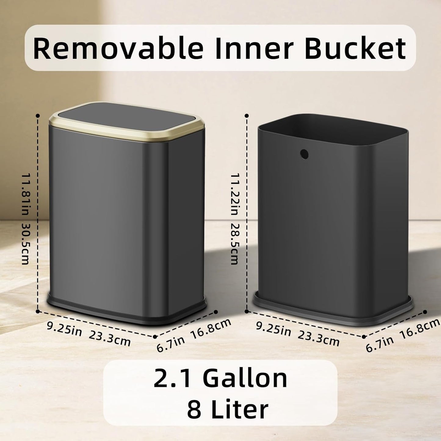 8L/2.1 Gal Small Bathroom Trash Can with Lid, Swing-Top Rectangular Waste Bin, Stainless Steel Garbage Can for Home, Office, Toilet, Bedroom, Living Room (Titanium Black)