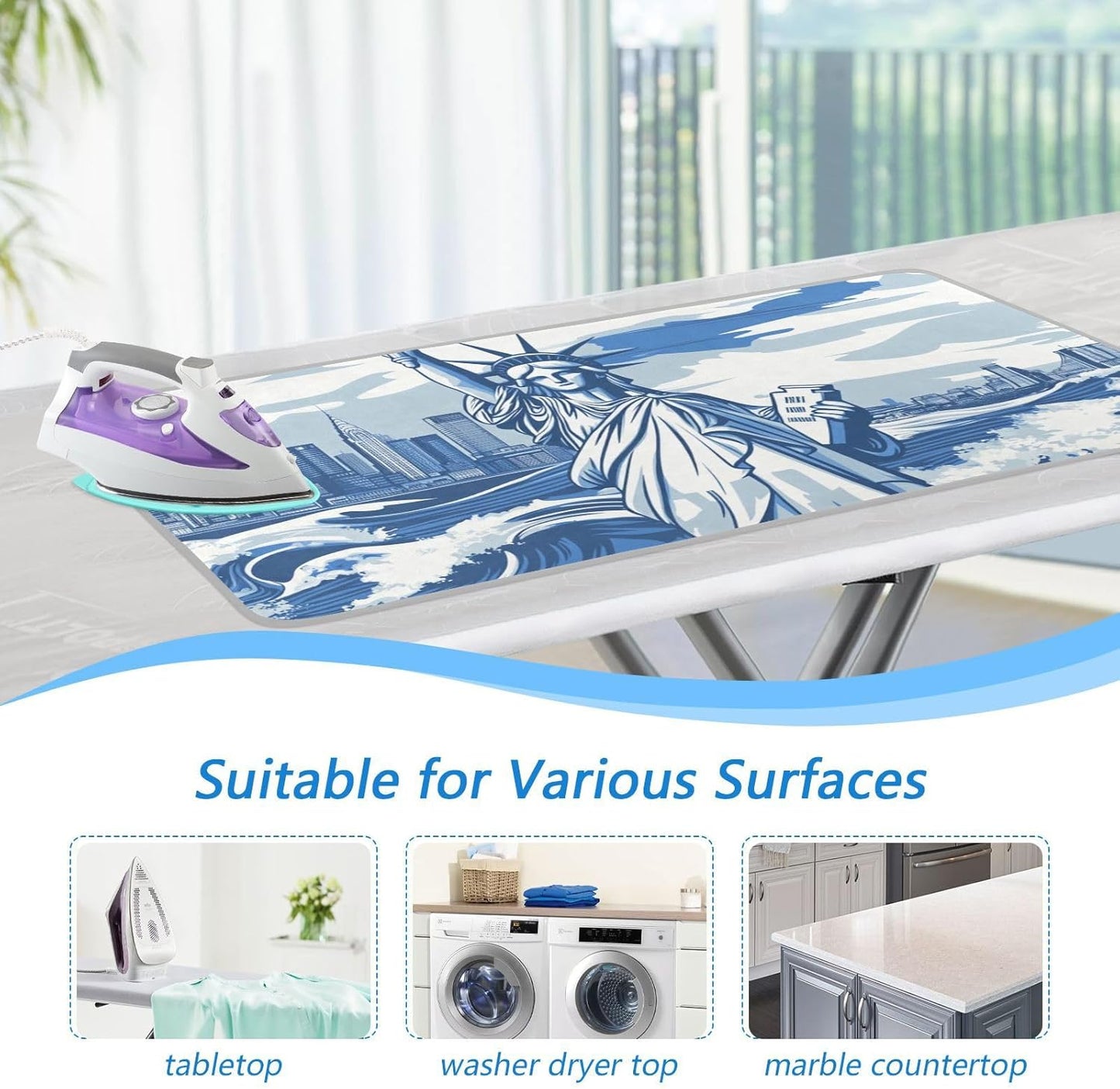 Ironing Mat Portable Ironing Pad Ironing Blanket for Table Top Heat Resistance Double-Side Using Travel Large 47.2 x 27.6 Inch Foldable Lightweight Statue Of Liberty New York Skyline Waves Bl