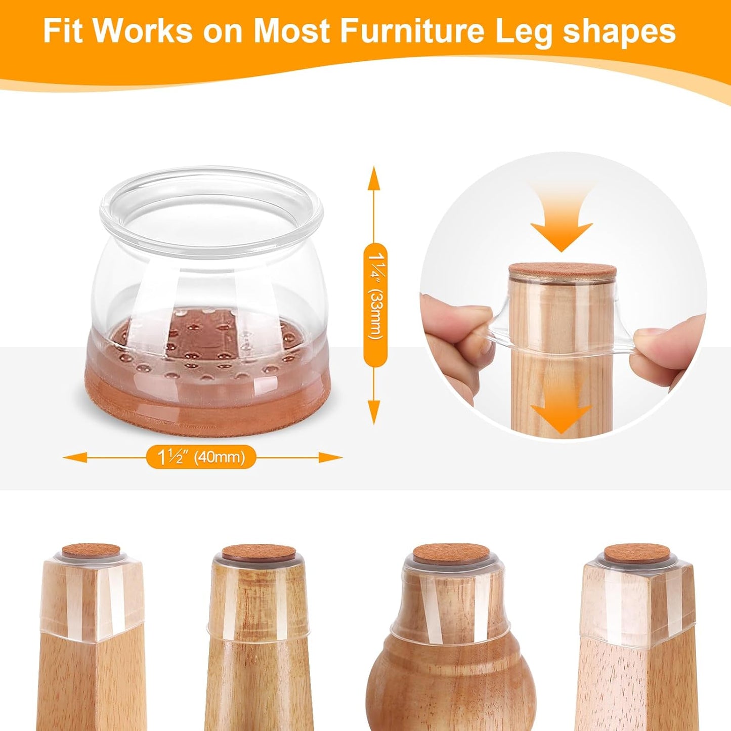 CHUNZEXI 24 Pack Chair Leg Floor Protectors for Hardwood Floors, Silicone Felt Covers Pads Caps, Protect Wood Furniture Feet Floors Noise Reduce and Scratch (Universal Large & Clear)