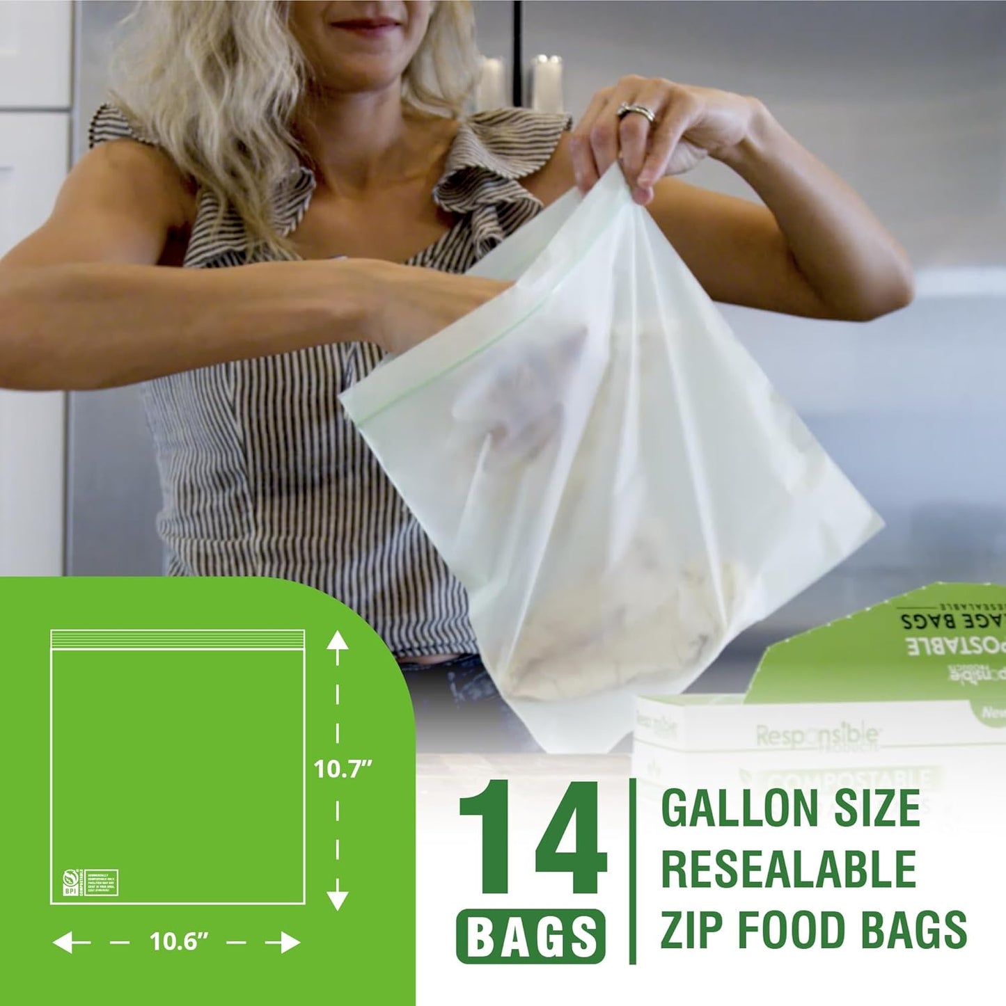 Responsible Products Certified Compostable Large GALLON Resealable Zip Bag, Extra Strength Food Bags, Made from Plant Materials (14 Pack)