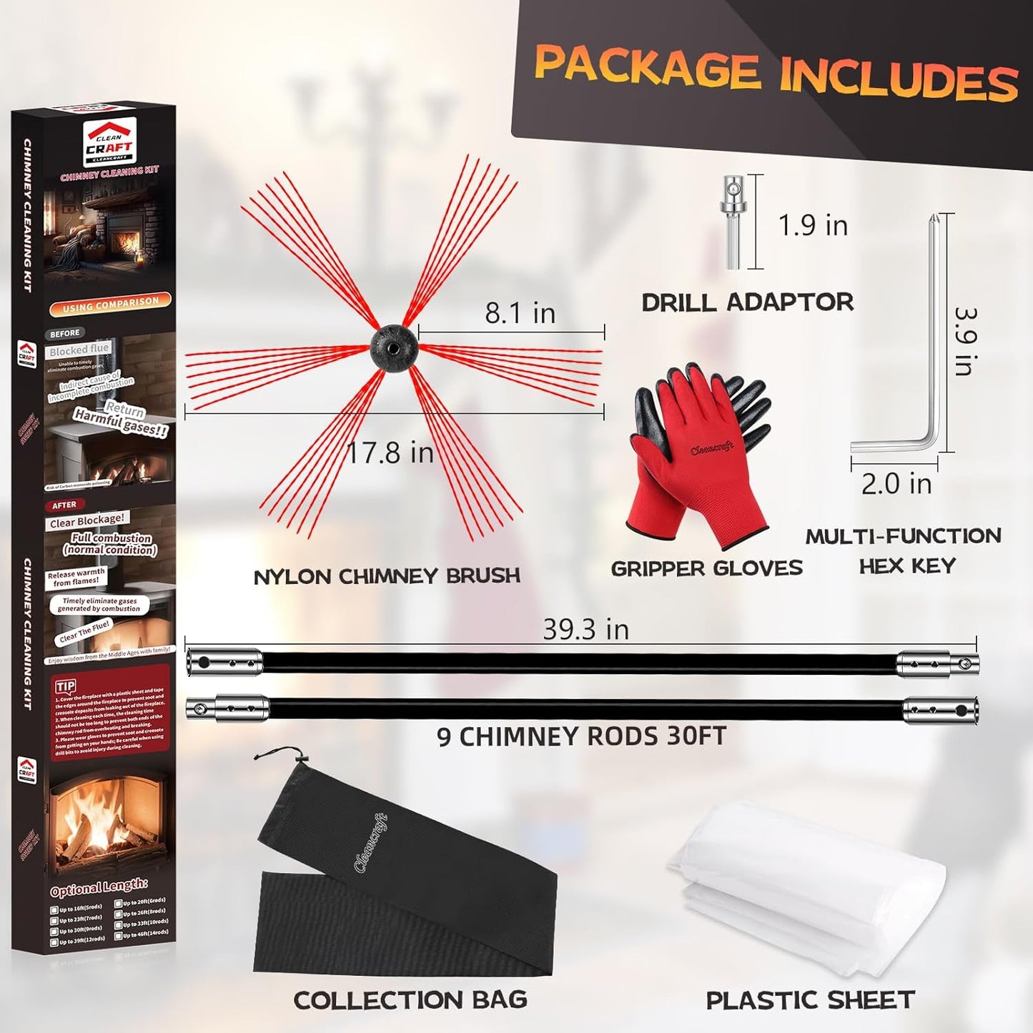 30 Feet Chimney Sweep Kit, Chimney Cleaning Kit with 9 Flexible Black Chimney Rods, Chimney Brush for Sweeping Fireplace, Rotary Chimney Cleaning System Driven by Drill