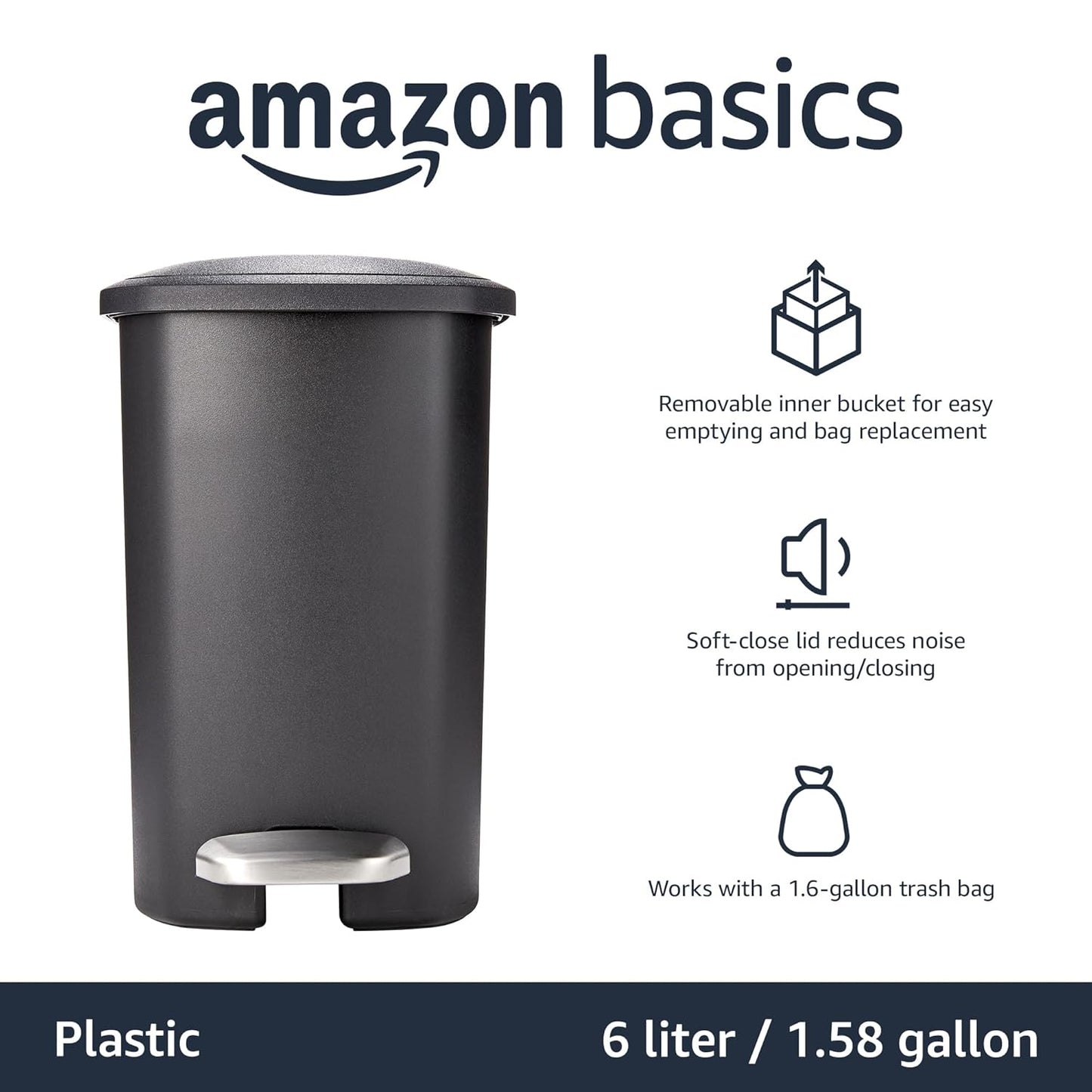 Amazon Basics Compact Plastic Bathroom Trash Can with Hands Free Foot Pedal, Quiet Close Step-On, 6 Liters, Black, Lid Included