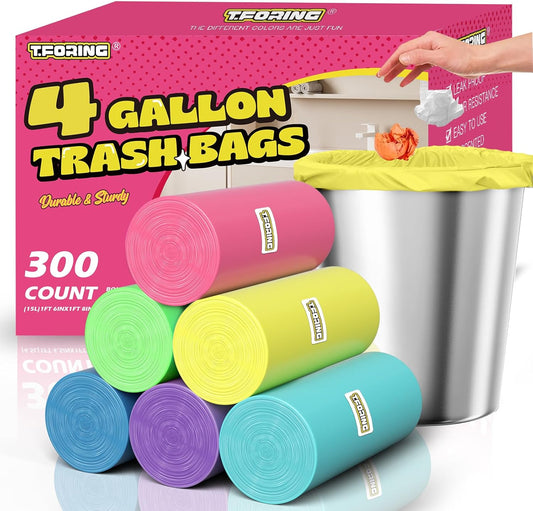 300 Count 4 Gallon Small Trash Bags - 15 Liter Colored Garbage Bags Unscented Wastebasket Liners Heavy Duty & Leakproof Plastic Can Liners for Bathroom Office Bedroom Toilet Car