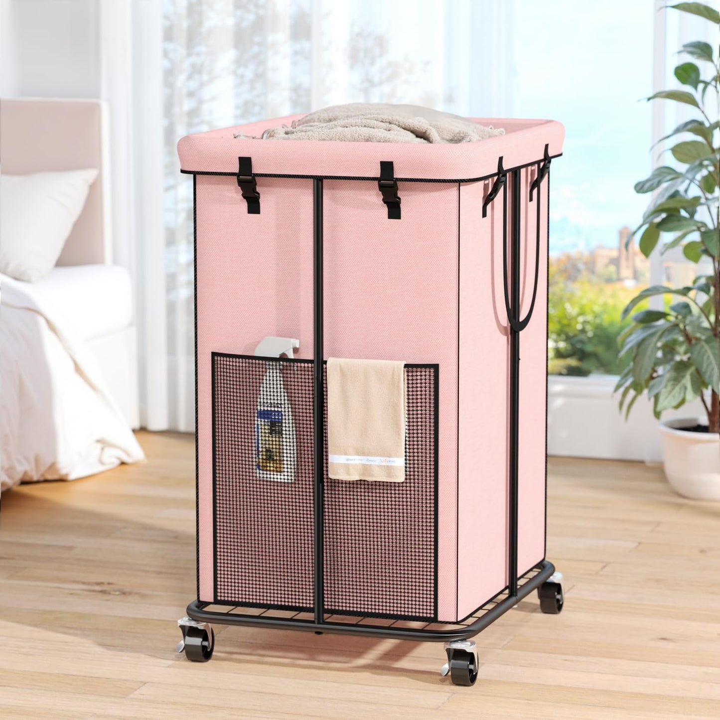 150L Laundry Hamper with Wheels, Rolling Laundry Basket with Metal Frame and Removable Bag, Large & Tall Dirty Clothes Hampers for Bedroom Aesthetic, Laundry Room, Bathroom, Dorm-Pink