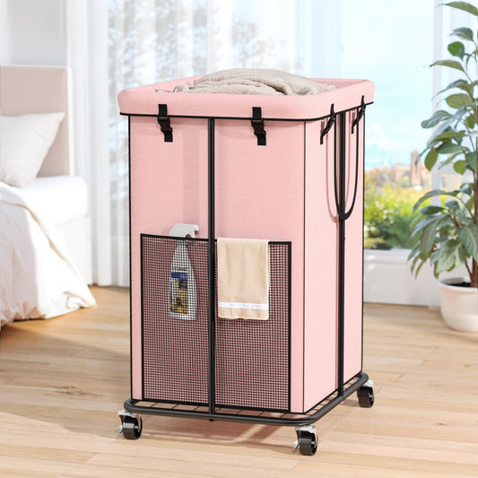 150L Laundry Hamper with Wheels, Rolling Laundry Basket with Metal Frame and Removable Bag, Large & Tall Dirty Clothes Hampers for Bedroom Aesthetic, Laundry Room, Bathroom, Dorm-Pink