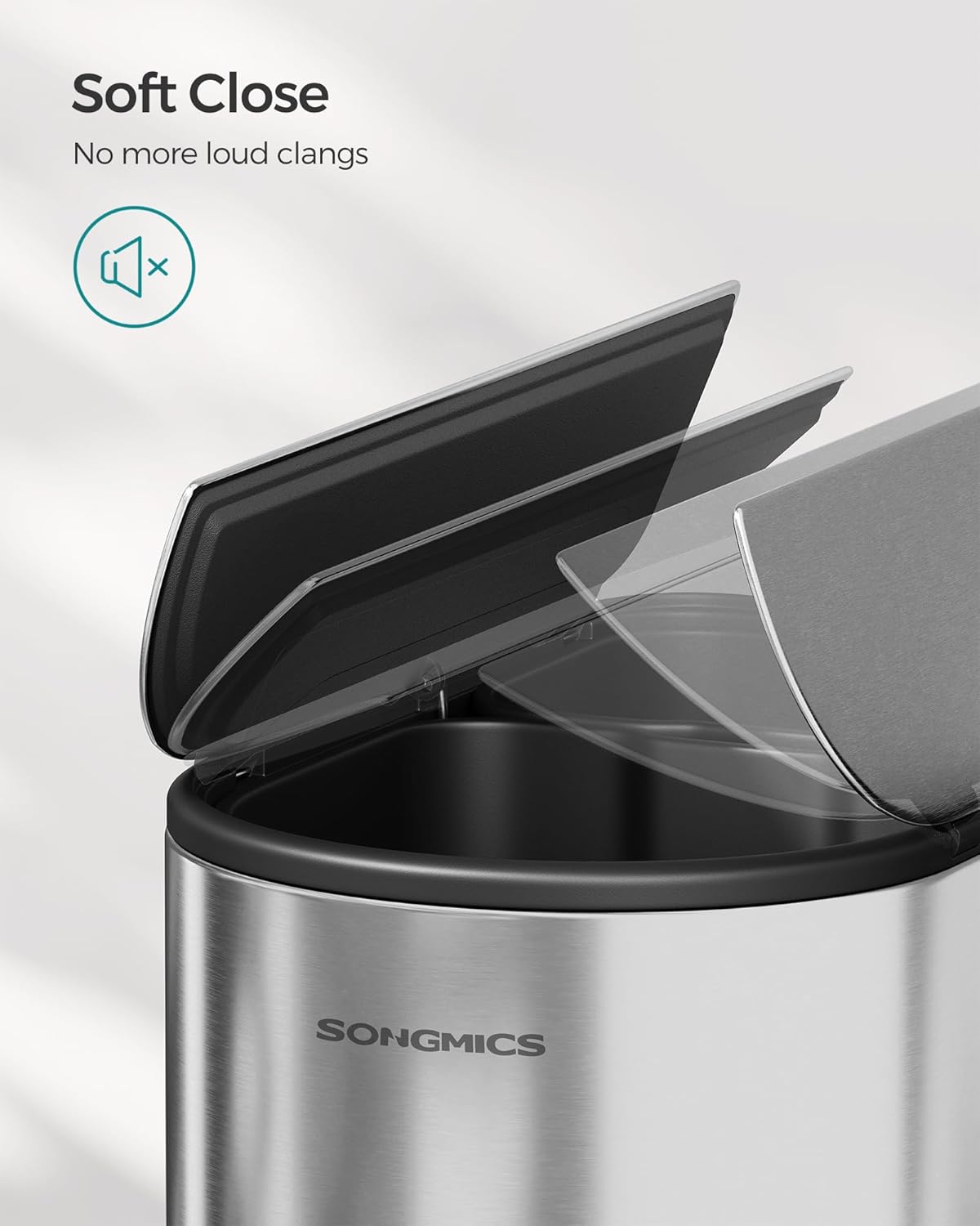 SONGMICS 13-Gallon Dual Kitchen Trash Can, 5.3 and 8 Gallon Compartments, Garbage Can with Wing Lids, Stainless Steel, Soft Close, Inner Buckets, Metallic Silver ULTB570E50